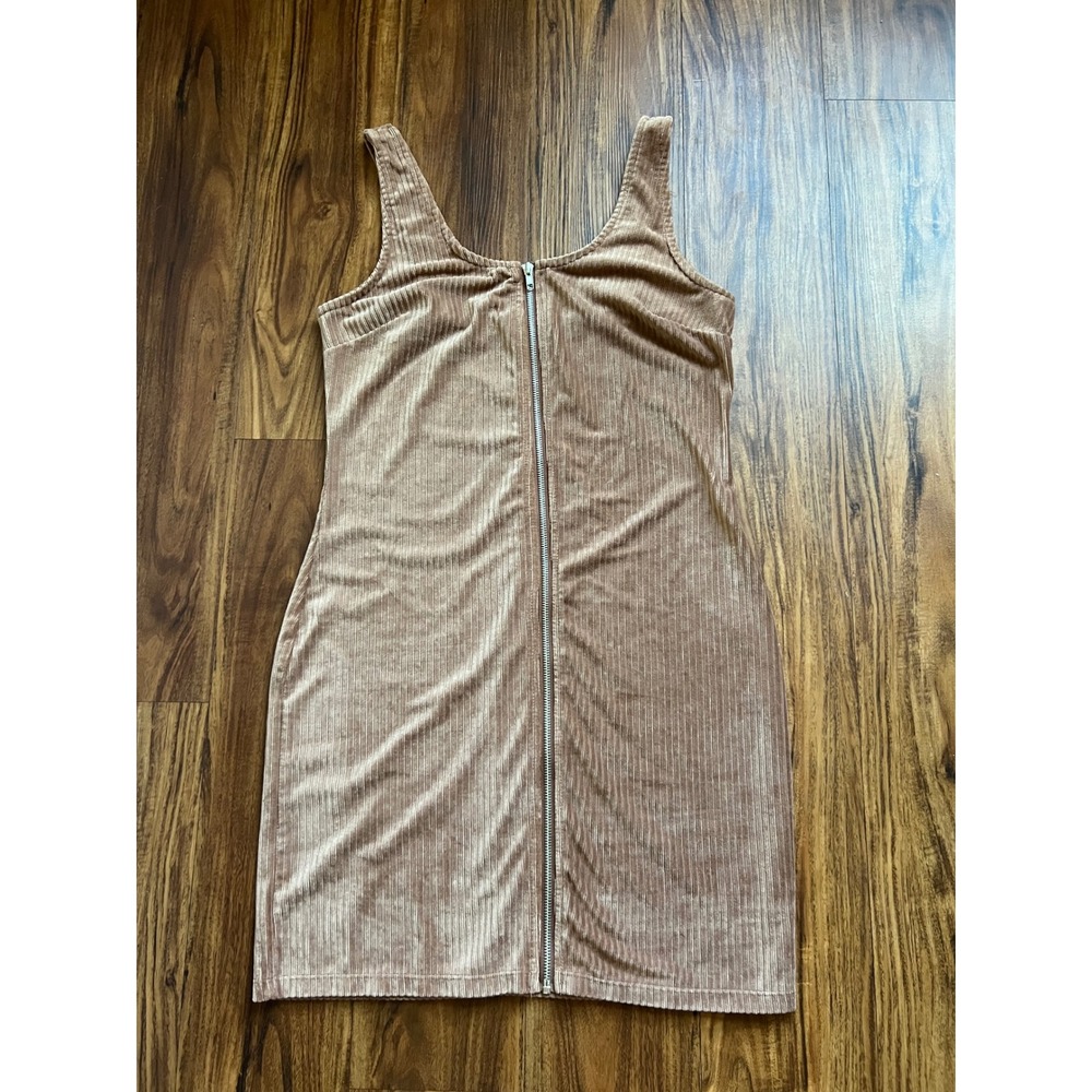 Zip Front Mini Dress Women L (11-13) Tan Excellent Ribbed Velvet Fall Classic